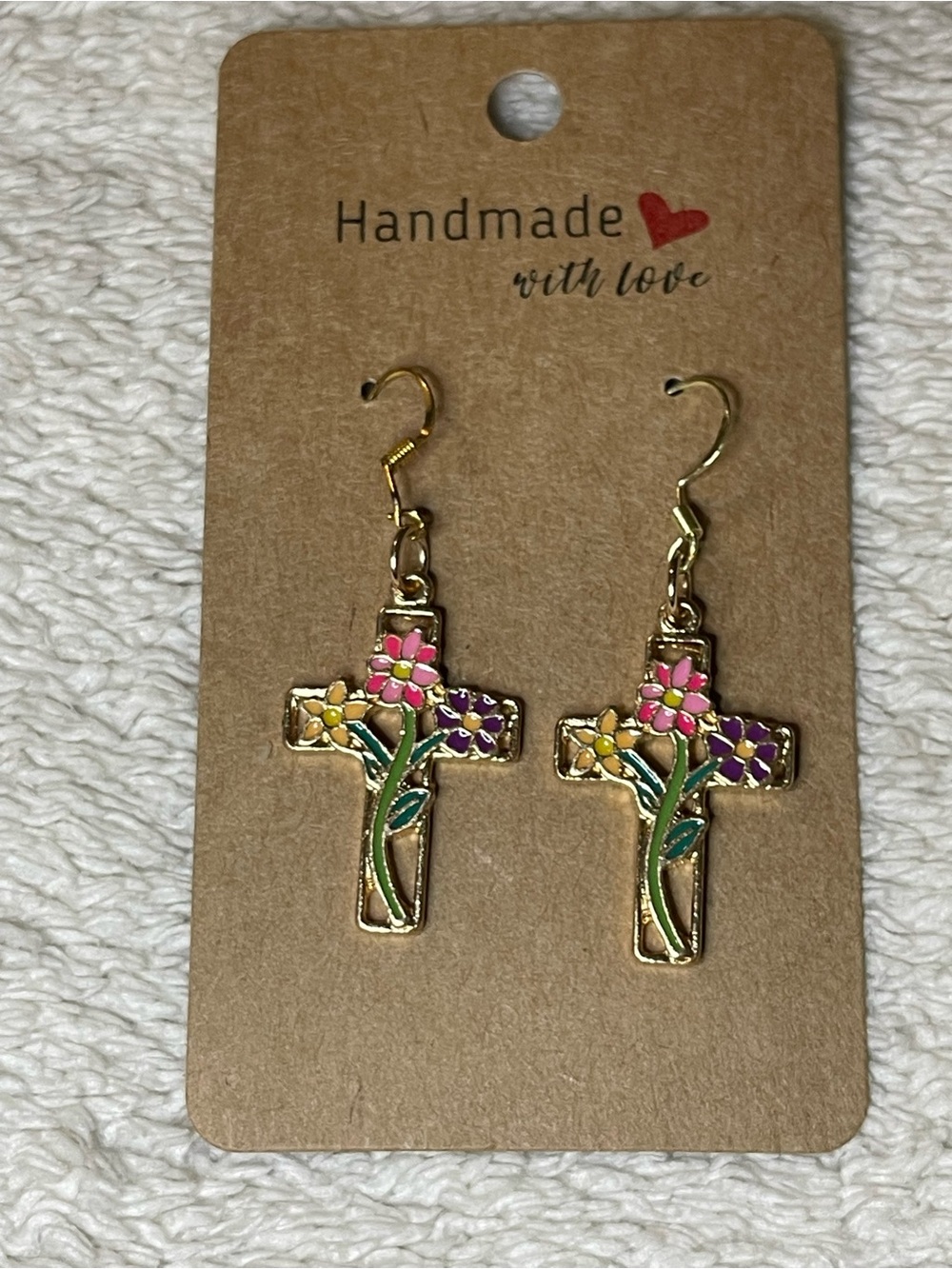 Handcrafted Gold Tone  Cross Earrings with Pink & Purple Floral Detail with hook